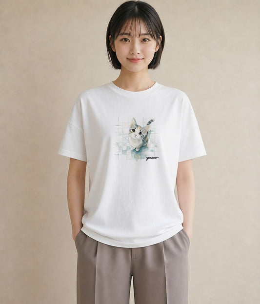 Tシャツ レディース ぶち猫 猫 ねこ イラスト ニュアンス 誕生日プレゼント 綿100 白T