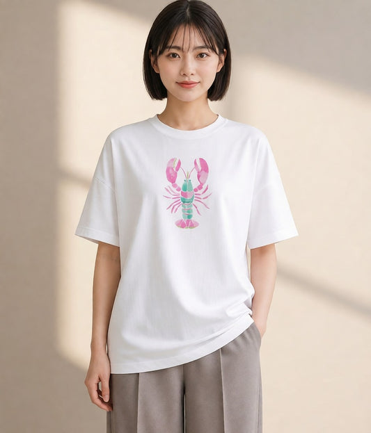 半袖Tシャツ レディース エビ 海の生き物 海 イラスト 北欧風 帰省 ラフ 白T