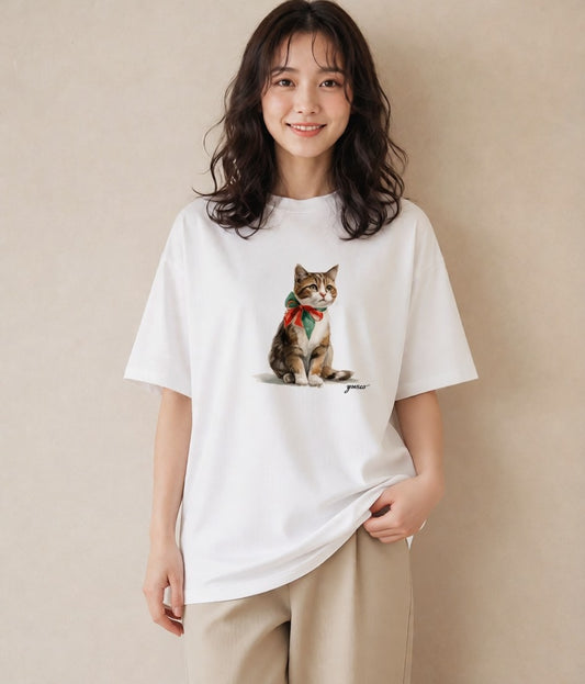 グラフィックTシャツ レディース アメリカンショートヘア 猫 ねこ イラスト きれいめカジュアル 普段着 週末コーデ 白T