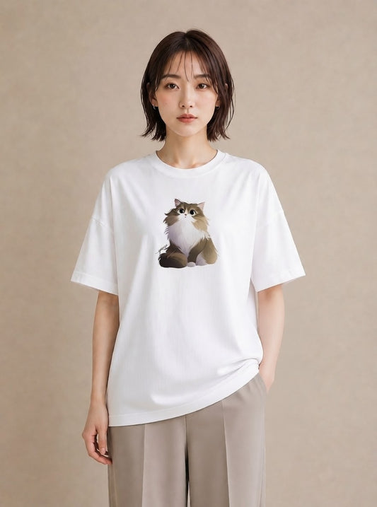 Tシャツ レディース メインクーン 猫 ねこ イラスト 韓国風 秋コーデ おしゃれギフト 白T