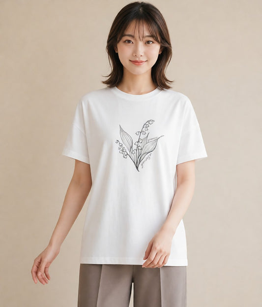 半袖Tシャツ レディース すずらん 花 花柄 イラスト カフェコーデ 休日 ペアコーデ 白T