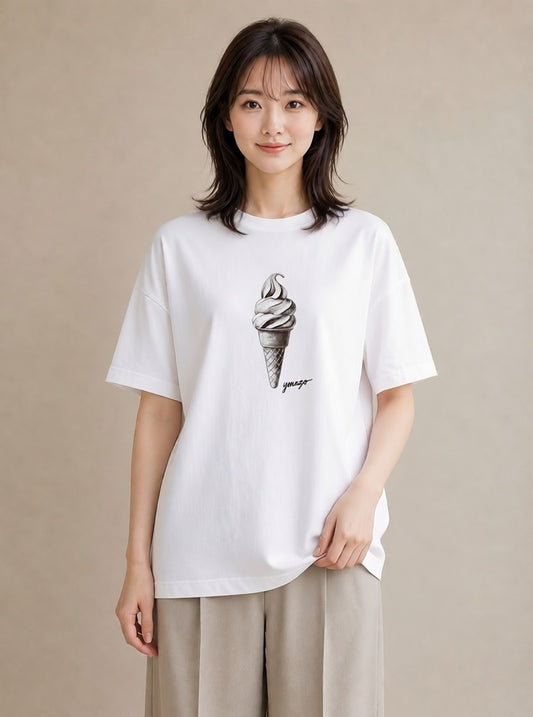 Tシャツ レディース ソフトクリーム 食べ物 フード イラスト カジュアル 公園 ママ 白T