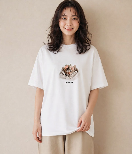 グラフィックTシャツ レディース 子猫 猫 ねこ イラスト 抜け感 親子 20代 白T