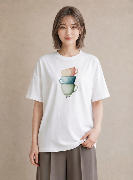 Tシャツ レディース カフェラテ 食べ物 フード イラスト ニュアンス 友達ギフト 部屋着 白T