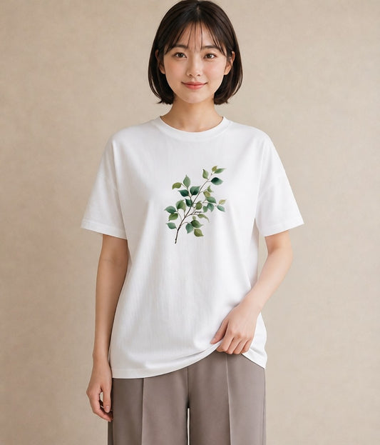 半袖Tシャツ レディース 新緑 植物 ボタニカル イラスト 休日コーデ 通学 誕生日プレゼント 白T
