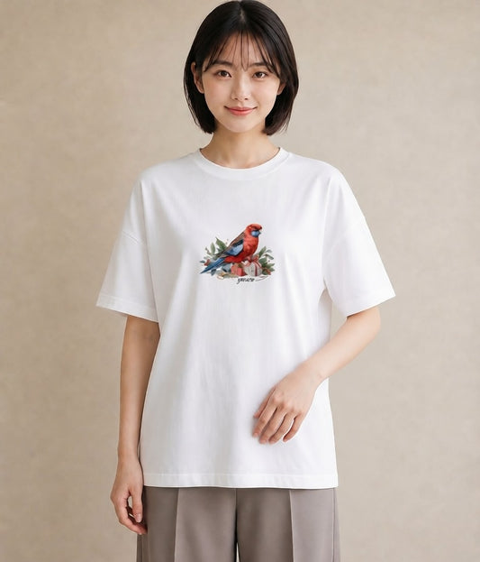 半袖Tシャツ レディース セキセイインコ ペット 動物 イラスト ナチュラル 旅行用 海 白T