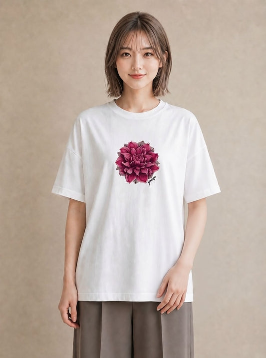 半袖Tシャツ レディース 牡丹 花 花柄 イラスト 休日コーデ 社会人 女性 白T