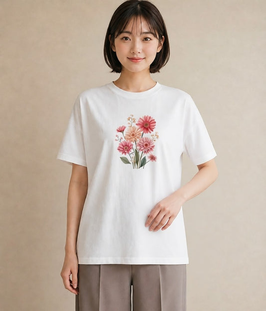 プリントTシャツ レディース マーガレット 花 花柄 イラスト ラフ 休日 ペアコーデ 白T