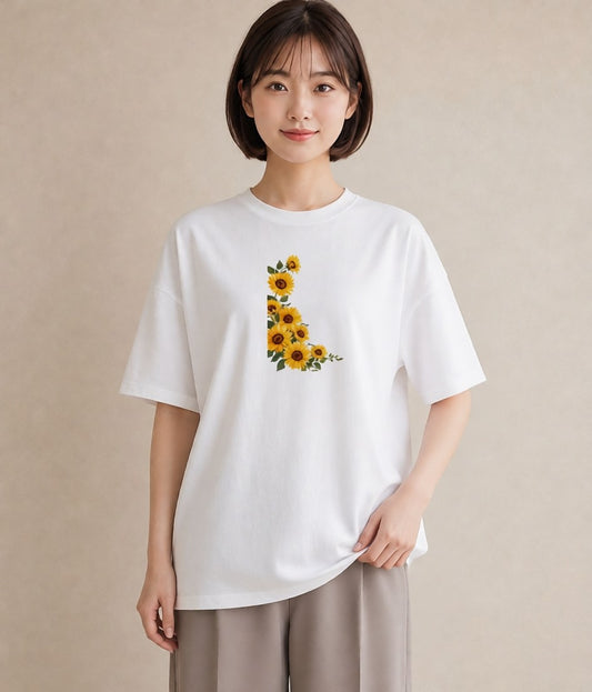 プリントTシャツ レディース ひまわり 向日葵 花 花柄 イラスト こなれ感 送別ギフト 通勤 白T