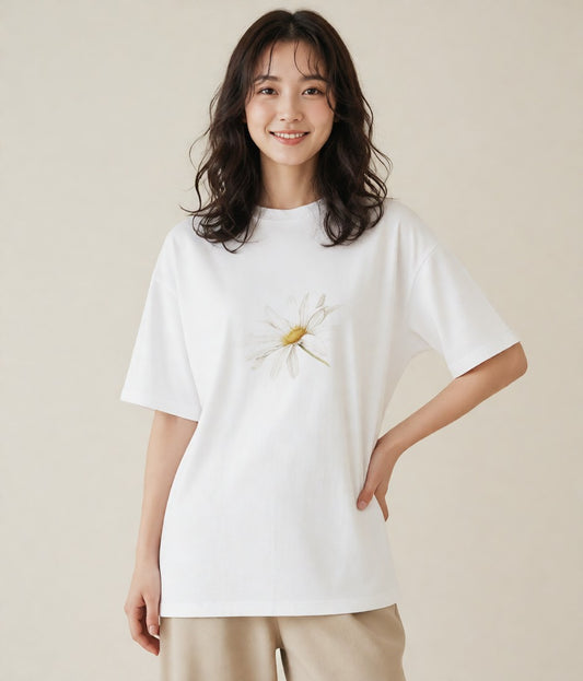 プリントTシャツ レディース デイジー 花 花柄 イラスト 水彩風 女性向けギフト 散歩 白T