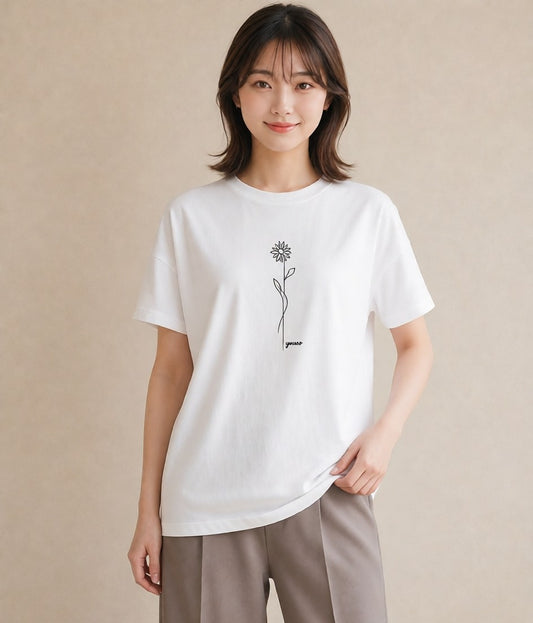 Tシャツ レディース 小花 花 フラワー イラスト 普段使い 綿100 デート 白T