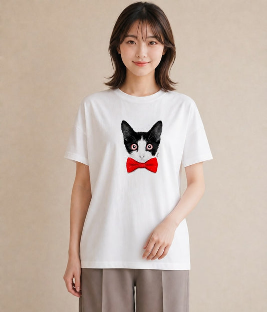 デザインTシャツ レディース ハチワレ 白黒猫 猫 ねこ イラスト シック 送別ギフト 通勤 白T