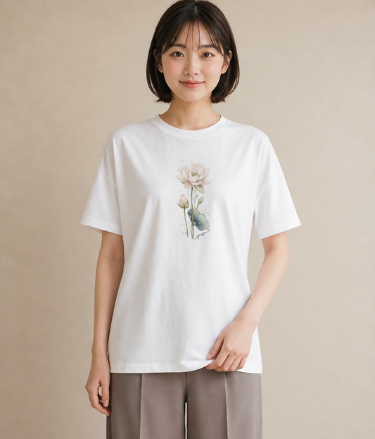 プリントTシャツ レディース ゆり 百合 花 花柄 イラスト ラフ 春服 ミセス 白T