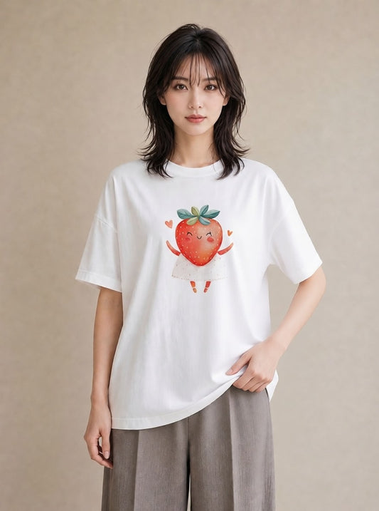 プリントTシャツ レディース いちご 苺 ストロベリー 食べ物 フード イラスト 20代 カジュアルコーデ 白T