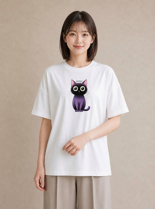 半袖Tシャツ レディース ニャンコ 猫 ねこ イラスト 淡色 夏コーデ 通学 白T