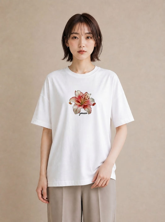 Tシャツ レディース ゆり 百合 花 花柄 イラスト モード 帰省 ラフ 白T