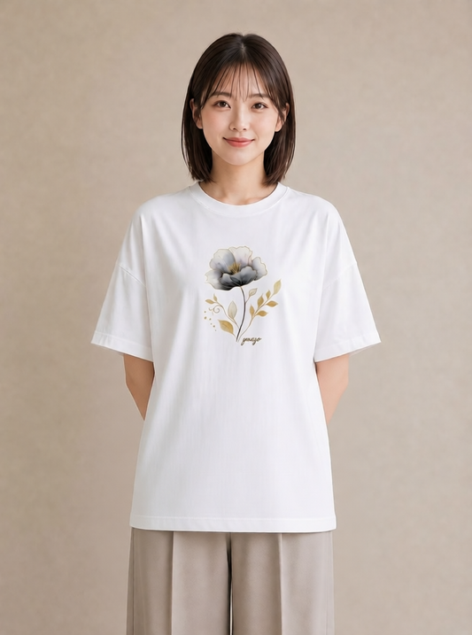 プリントTシャツ レディース 蓮 花 花柄 イラスト シック ラフ レイヤード 白T