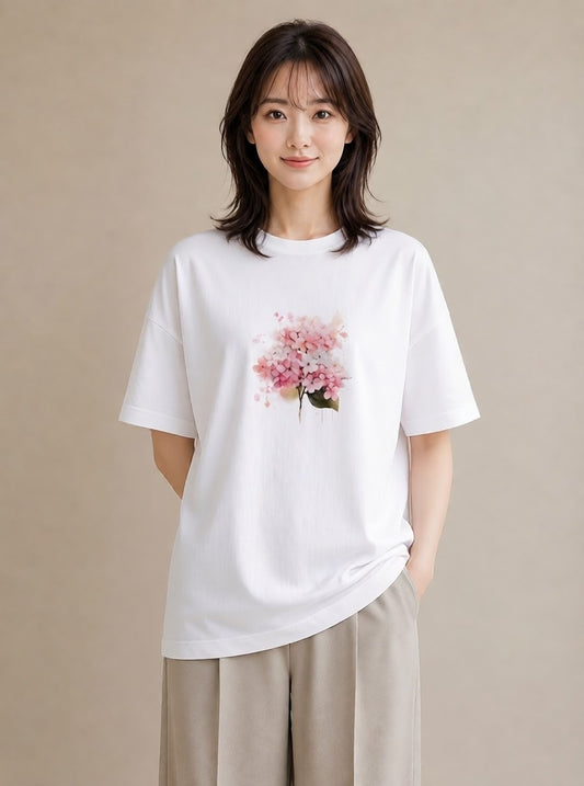 プリントTシャツ レディース あじさい 紫陽花 アジサイ 花 花柄 イラスト ラフ 秋コーデ おしゃれギフト 白T