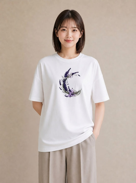 デザインTシャツ レディース ラベンダー 花 花柄 イラスト きれいめカジュアル ミセス 春コーデ 白T