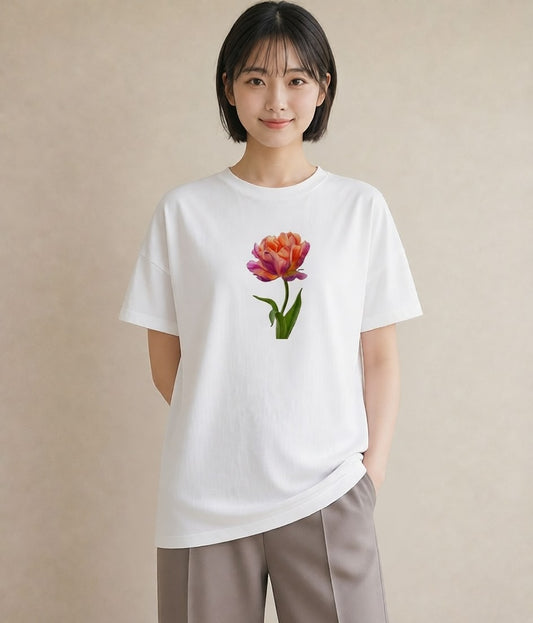 プリントTシャツ レディース チューリップ 花 花柄 イラスト シック ミセス 春コーデ 白T