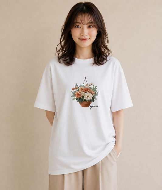 デザインTシャツ レディース 自転車のかご 自転車 花かご ナチュラル アンティーク イラスト カジュアル デイリーウェア 休日 白T