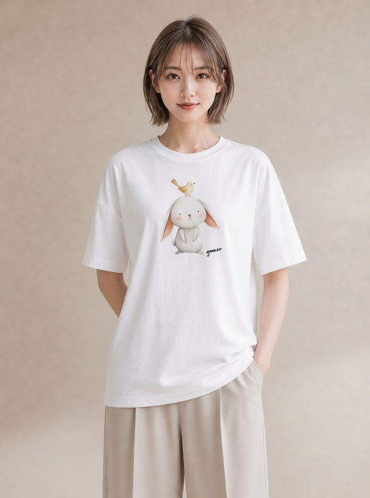半袖Tシャツ レディース ミニうさぎ ペット 動物 イラスト 北欧風 週末コーデ 敬老の日 白T