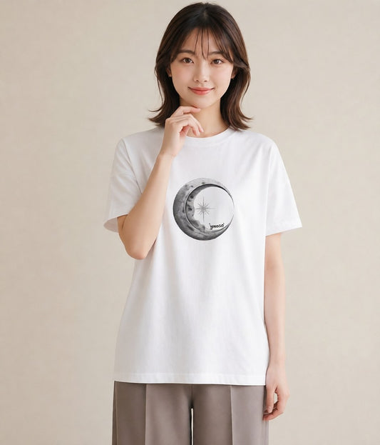 半袖Tシャツ レディース 月と星 星空 ムーン イラスト アート風 部屋着 女性向けギフト 白T