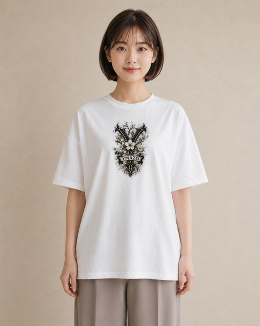 【受注生産】YMAZO Tシャツ レディース 半袖 ビッグT 花柄 フローラル ボタニカル 花 ブーケ 白T 綿100% ホワイト M L 水彩 手描き ナチュラル リンクコーデ 通勤 春夏 2026新作 プレゼント|Y字ロゴ(スタンダード