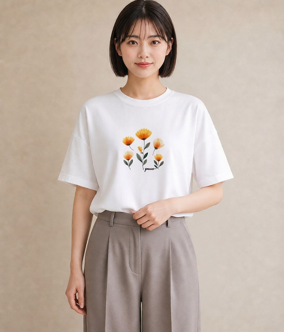 Tシャツ レディース ミモザ 花 花柄 イラスト きれいめ 夏コーデ 通学 白T