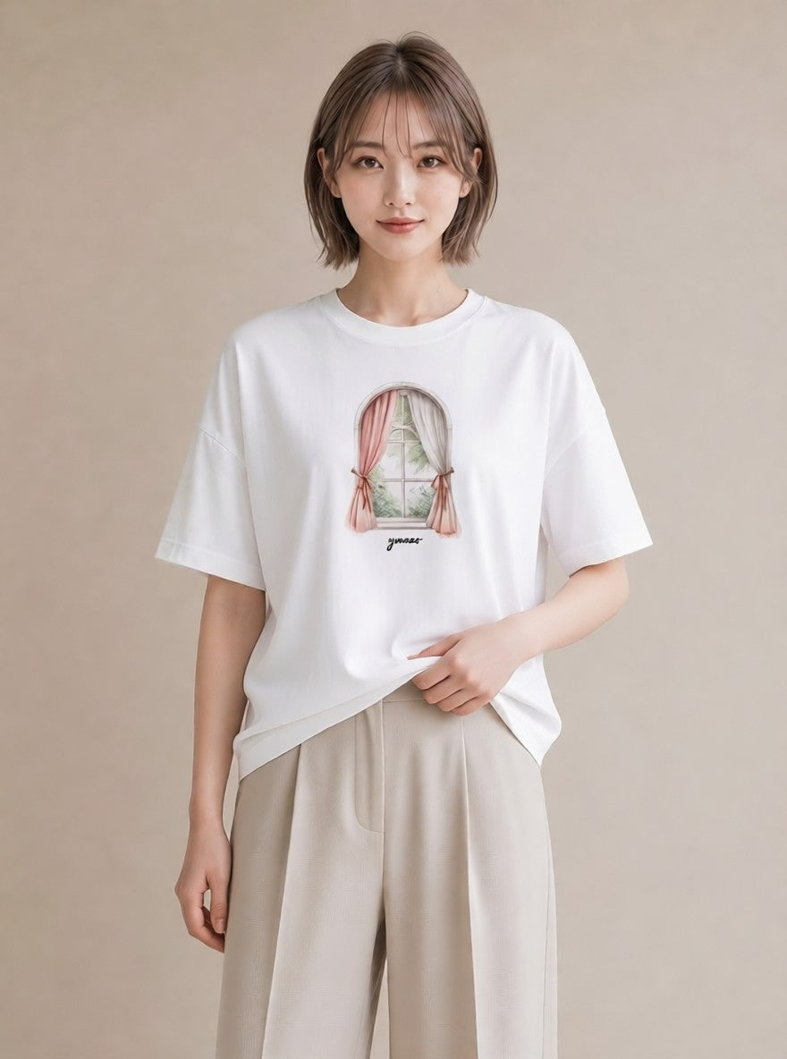半袖Tシャツ レディース 窓辺の雨 雨の日 窓 ナチュラル アンティーク イラスト ミニマル ビーチ デイリーウェア 白T