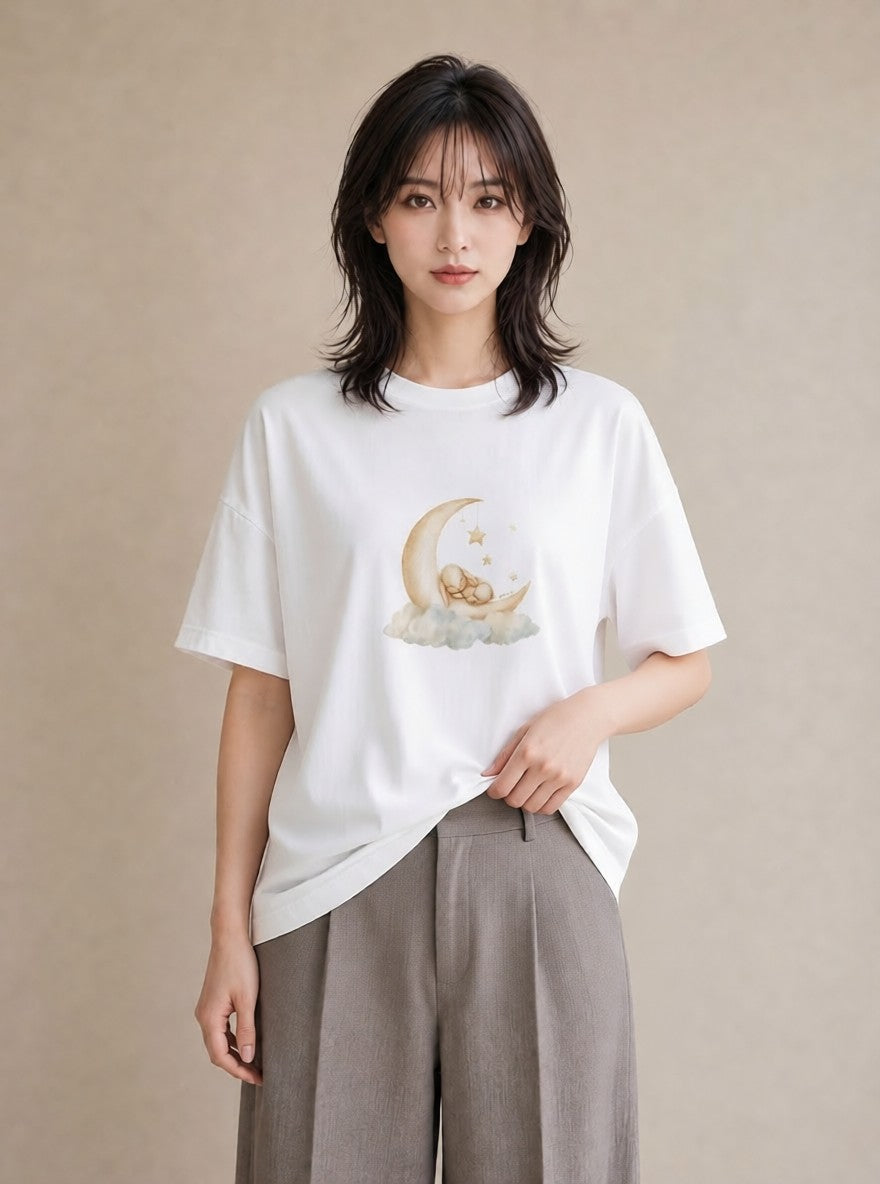 グラフィックTシャツ レディース 月 星空 宇宙 イラスト シック 帰省 ラフ 白T