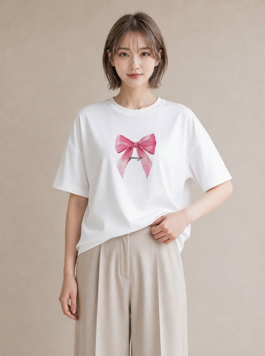 Tシャツ レディース リボン 蝶結び ナチュラル アンティーク イラスト ミニマル 春コーデ 姉妹 白T