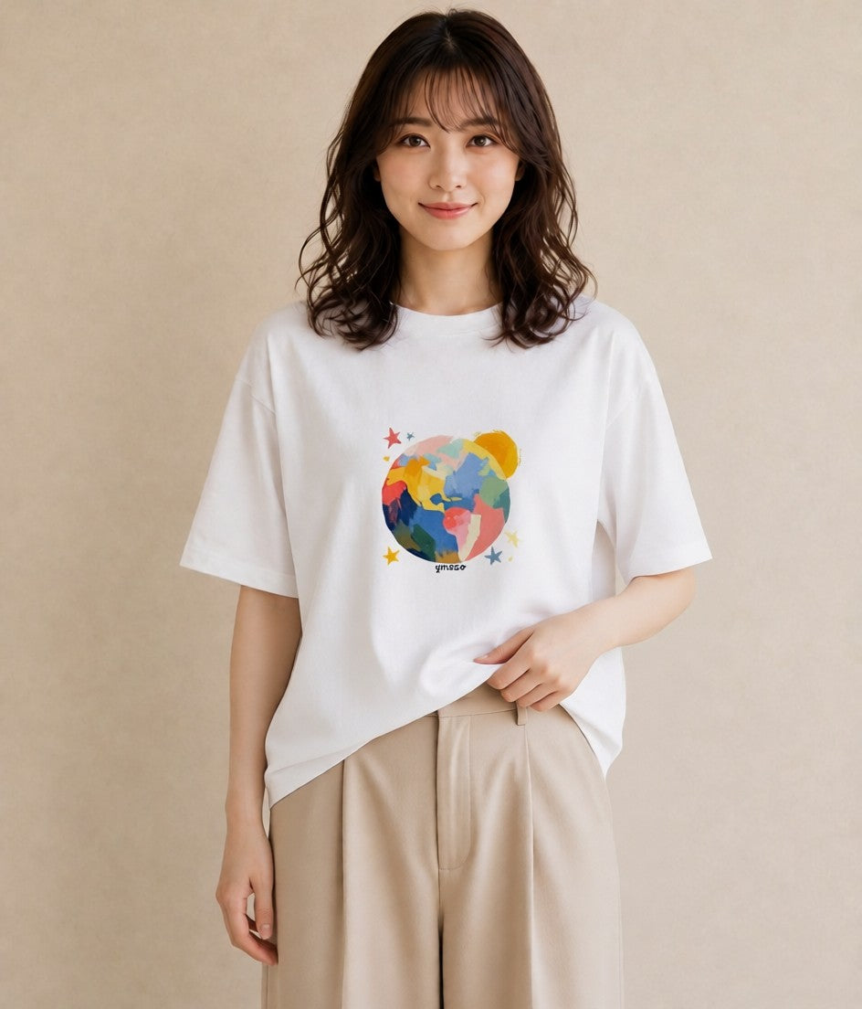 デザインTシャツ レディース 地球 星空 宇宙 イラスト 水彩風 女性 旅行用 白T