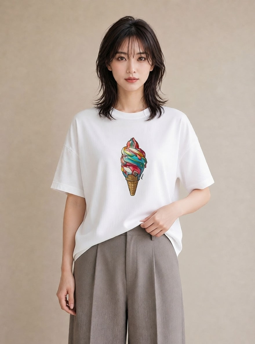 半袖Tシャツ レディース ソフトクリーム 食べ物 フード イラスト フェミニン ラフ レイヤード 白T