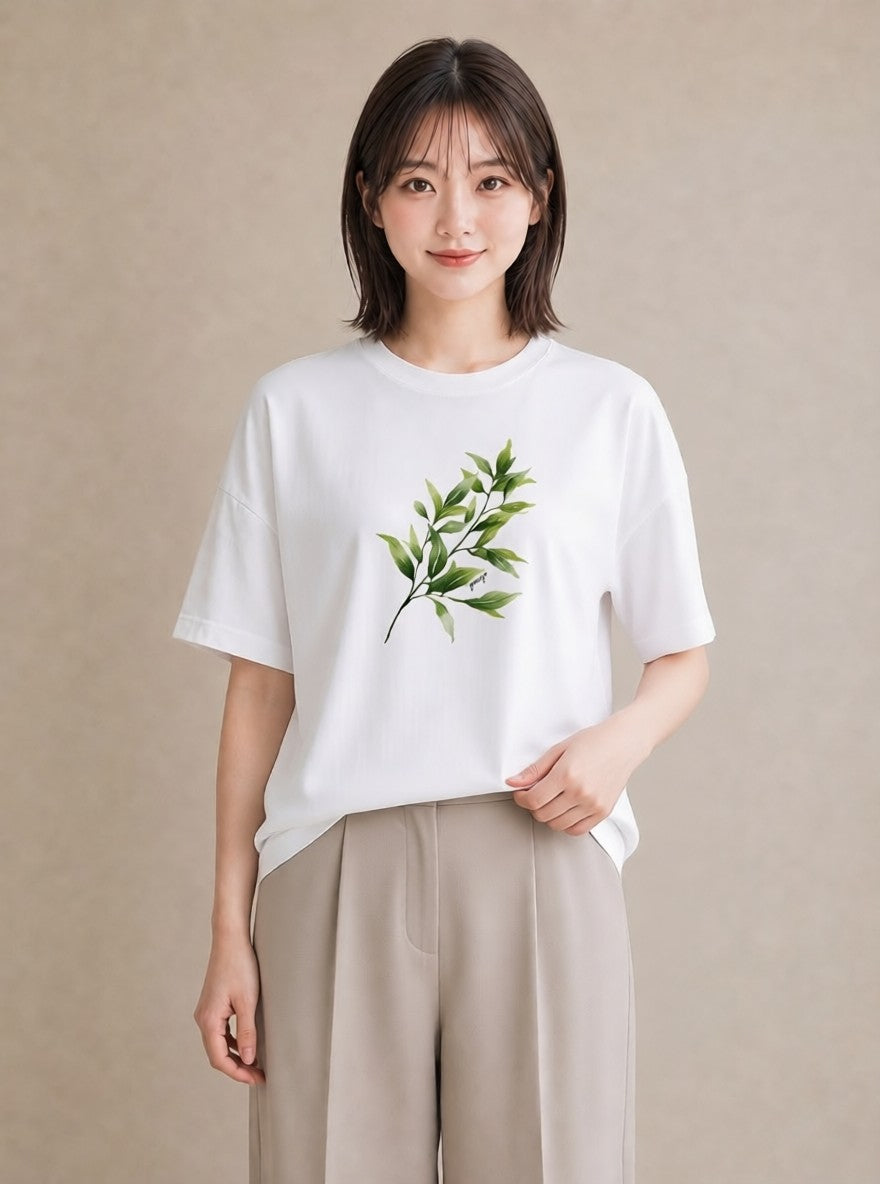 プリントTシャツ レディース 葉っぱ 植物 ボタニカル イラスト 抜け感 公園 ママ 白T