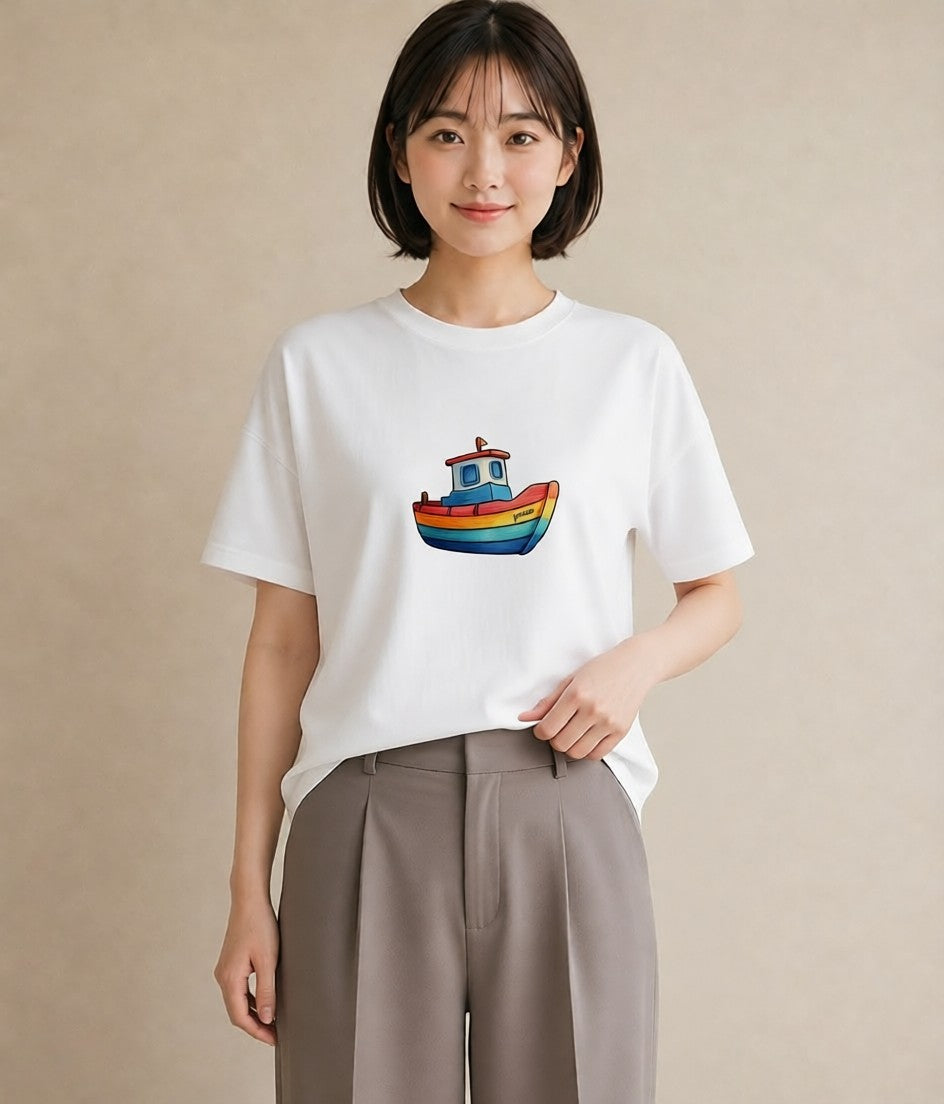 Tシャツ レディース 紙の船 水辺 ナチュラル アンティーク イラスト ポップ 週末コーデ 敬老の日 白T