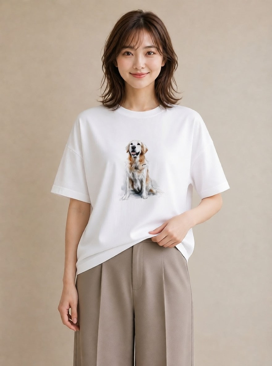 プリントTシャツ レディース ゴールデンレトリバー ゴールデン 犬 いぬ イラスト ガーリー 親子 20代 白T