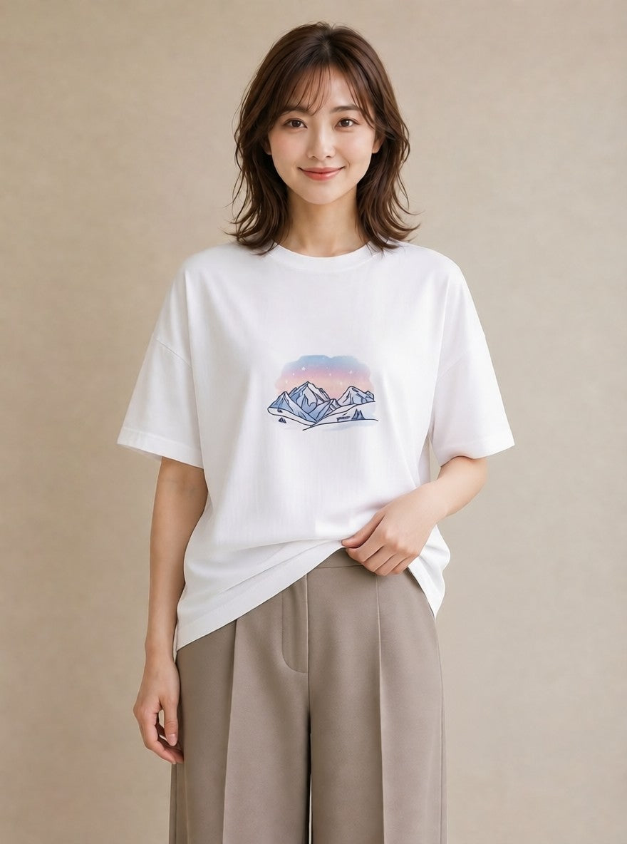 半袖Tシャツ レディース オーロラ 星空 宇宙 イラスト 個性的 春服 ミセス 白T