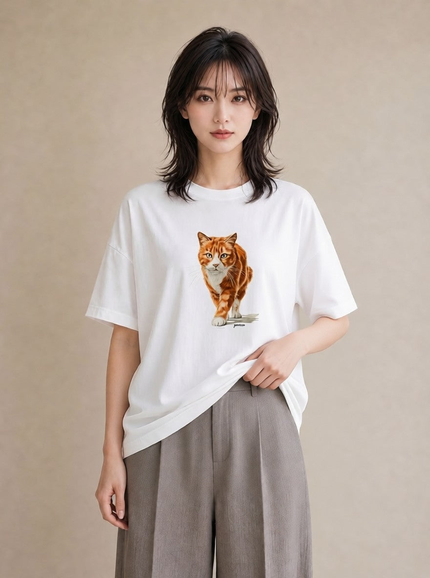 デザインTシャツ レディース 茶トラ 茶猫 猫 ねこ イラスト カフェコーデ 社会人 女性 白T