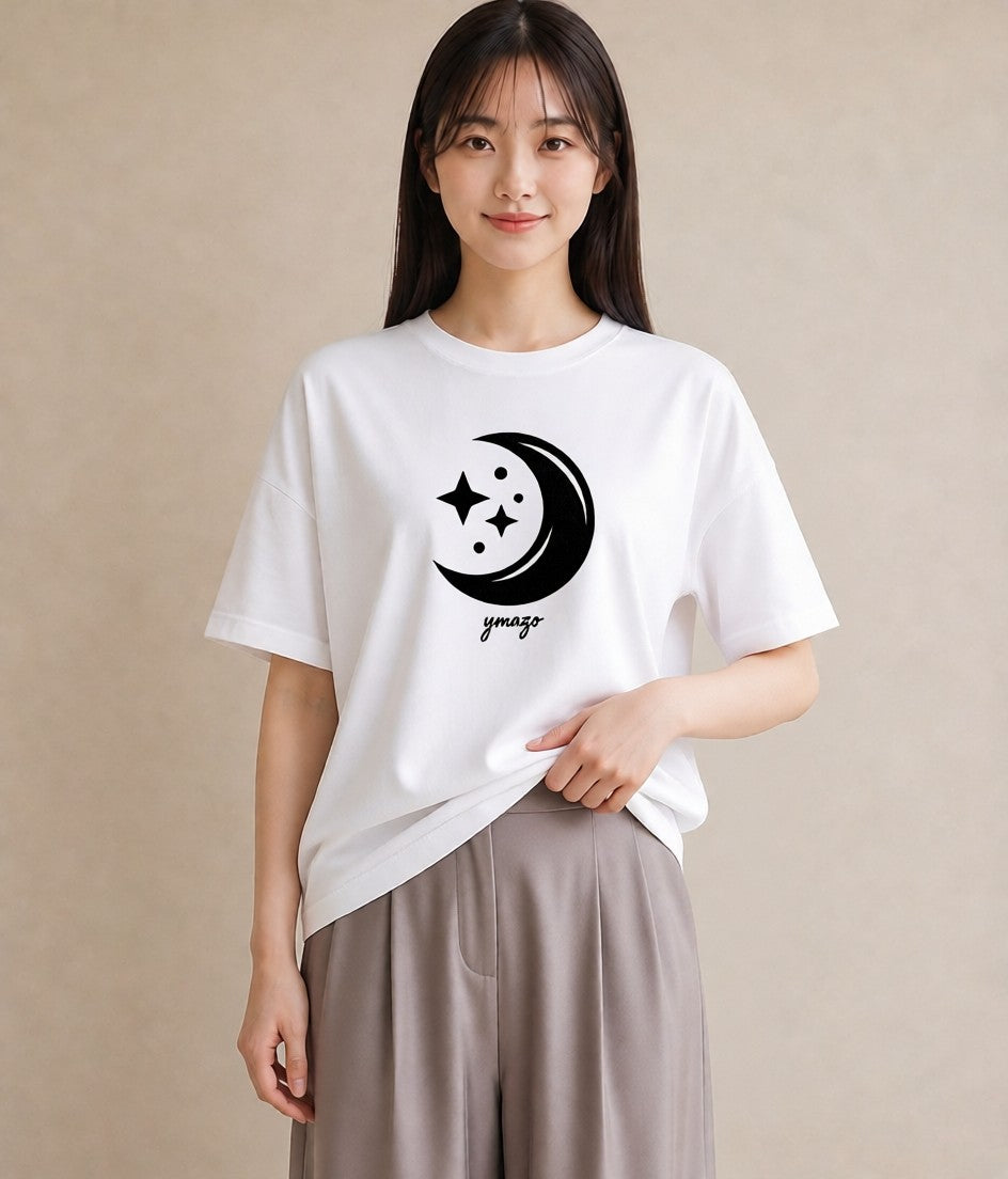 プリントTシャツ レディース 月と星 星空 ムーン イラスト 水彩風 お出かけ 普段着 白T
