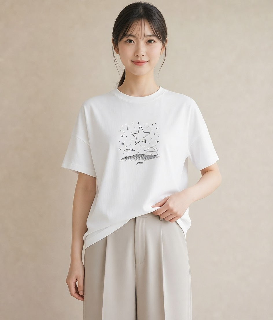 半袖Tシャツ レディース 月と星 星空 ムーン イラスト アート風 レイヤード 友達ギフト 白T