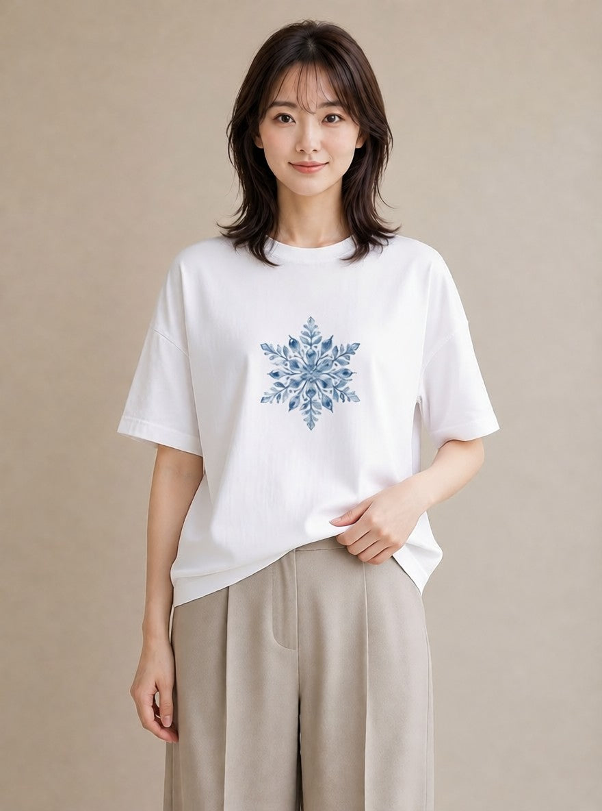 プリントTシャツ レディース 雪 星空 宇宙 イラスト 上品 お出かけ 普段着 白T