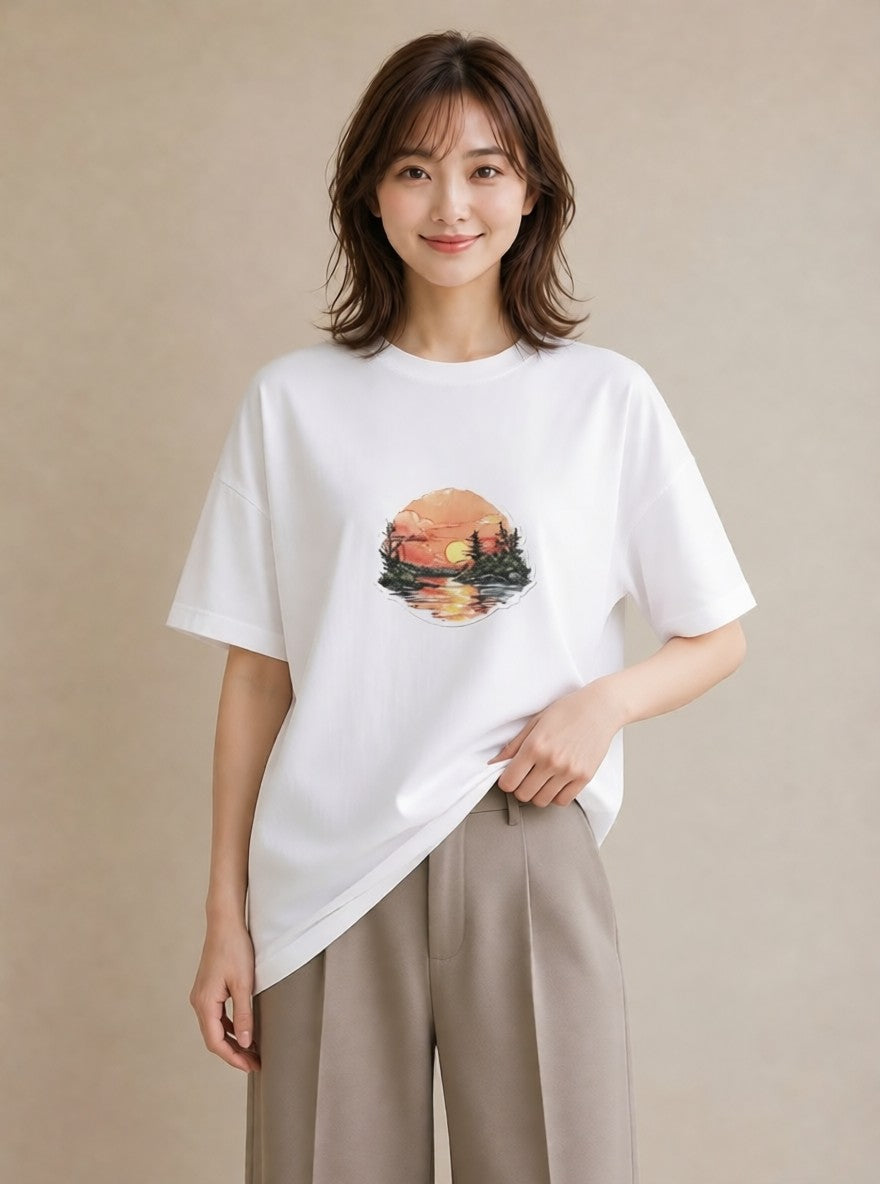 半袖Tシャツ レディース 山 星空 宇宙 イラスト ラフ クリスマス 旅行 白T
