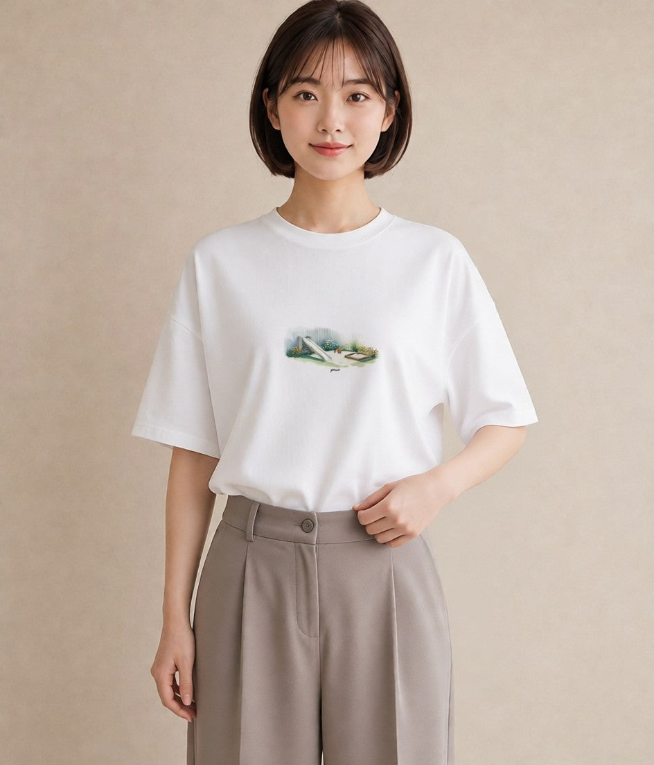 半袖Tシャツ レディース 小川 橋 せせらぎ ナチュラル アンティーク イラスト 週末コーデ 敬老の日 白T