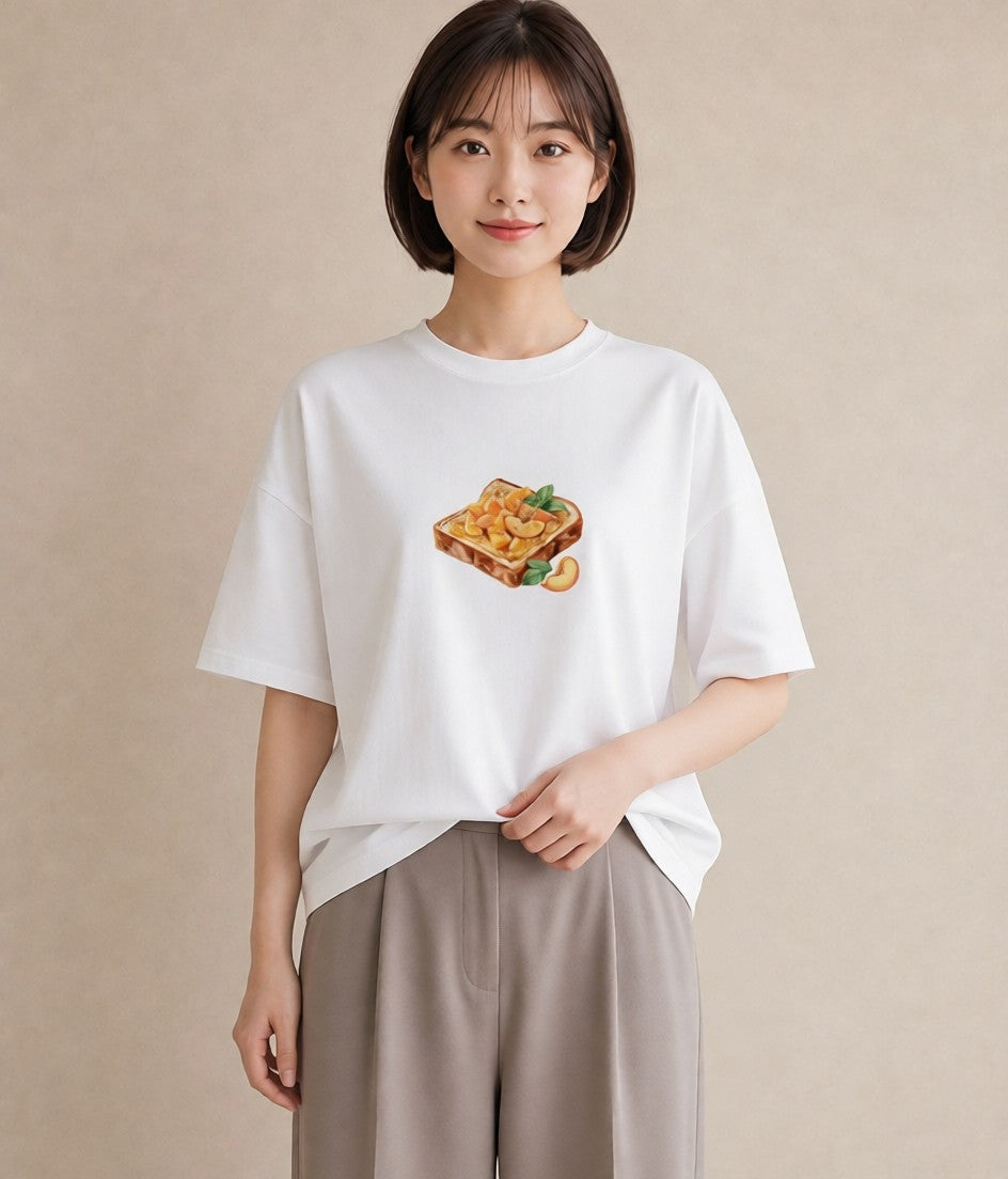 プリントTシャツ レディース もも 食べ物 フード イラスト ヴィンテージ風 お出かけ 普段着 白T