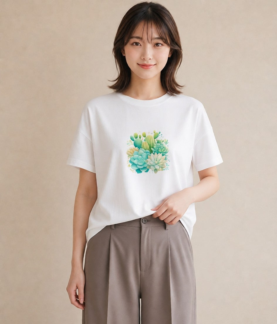 グラフィックTシャツ レディース サボテン 植物 ボタニカル イラスト ゆるかわ ビーチ デイリーウェア 白T