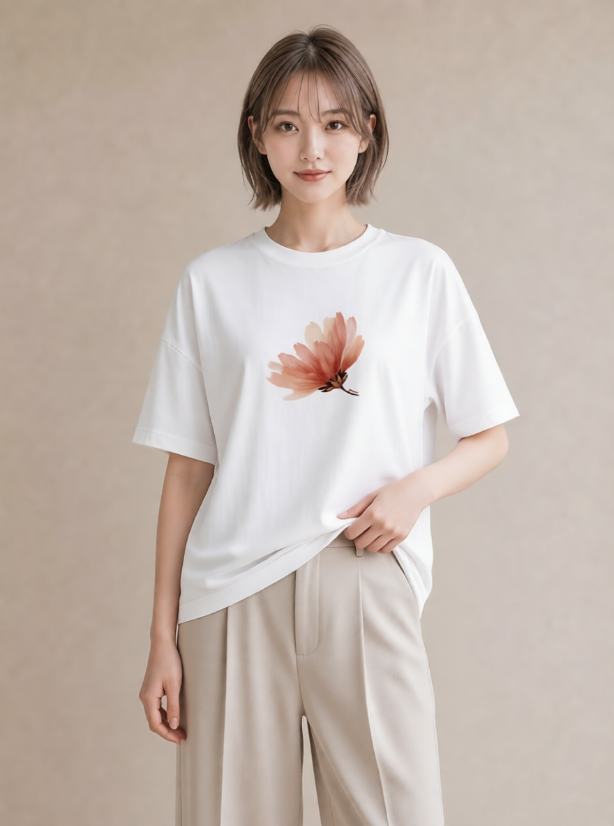 デザインTシャツ レディース コスモス 秋桜 花 花柄 イラスト ゆるかわ ミセス 春コーデ 白T