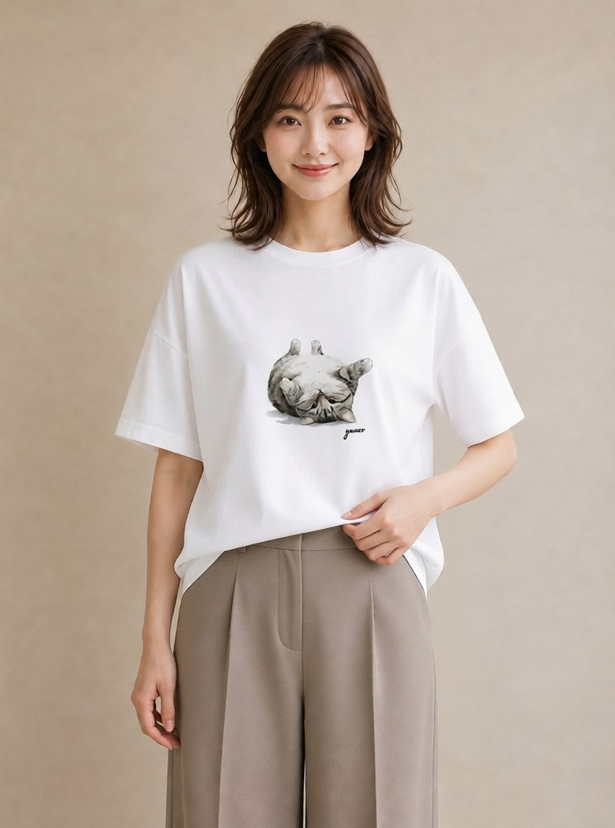 プリントTシャツ レディース ぶち猫 猫 ねこ イラスト ラフカジュアル 週末コーデ 敬老の日 白T