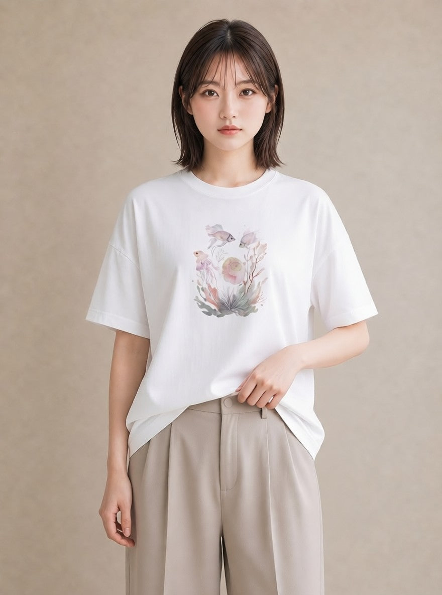 デザインTシャツ レディース サンゴ 海の生き物 海 イラスト 線画 友達ギフト 部屋着 白T