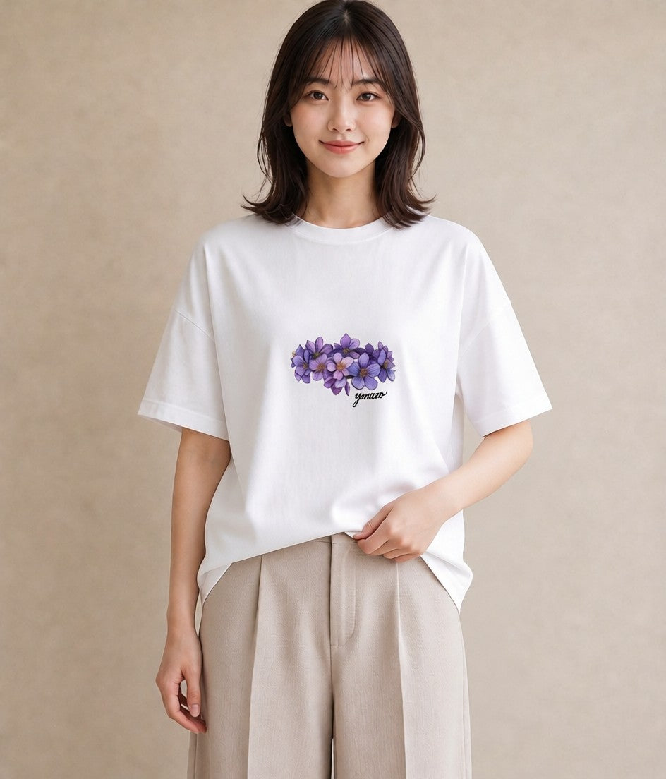 グラフィックTシャツ レディース スミレ 花 花柄 イラスト こなれ感 社会人 女性 白T